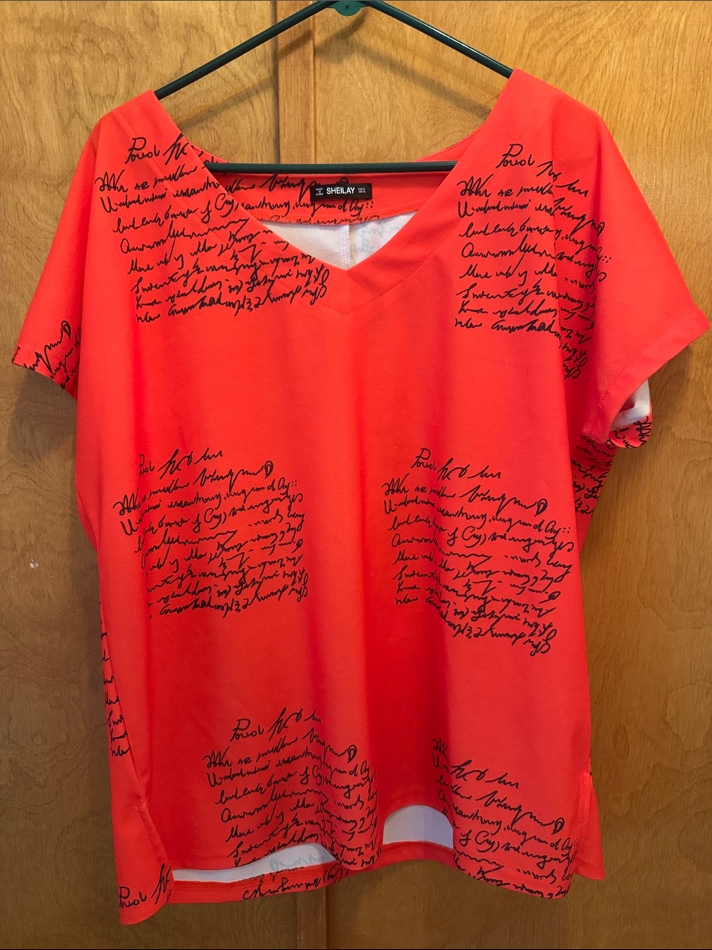 Sheilay Bright Red Script-Print V-Neck Short Sleeve Top